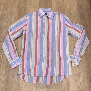 NWT Benson Multicolor Linen Button Up Shirt Vertical Stripe Colorful Mens Large